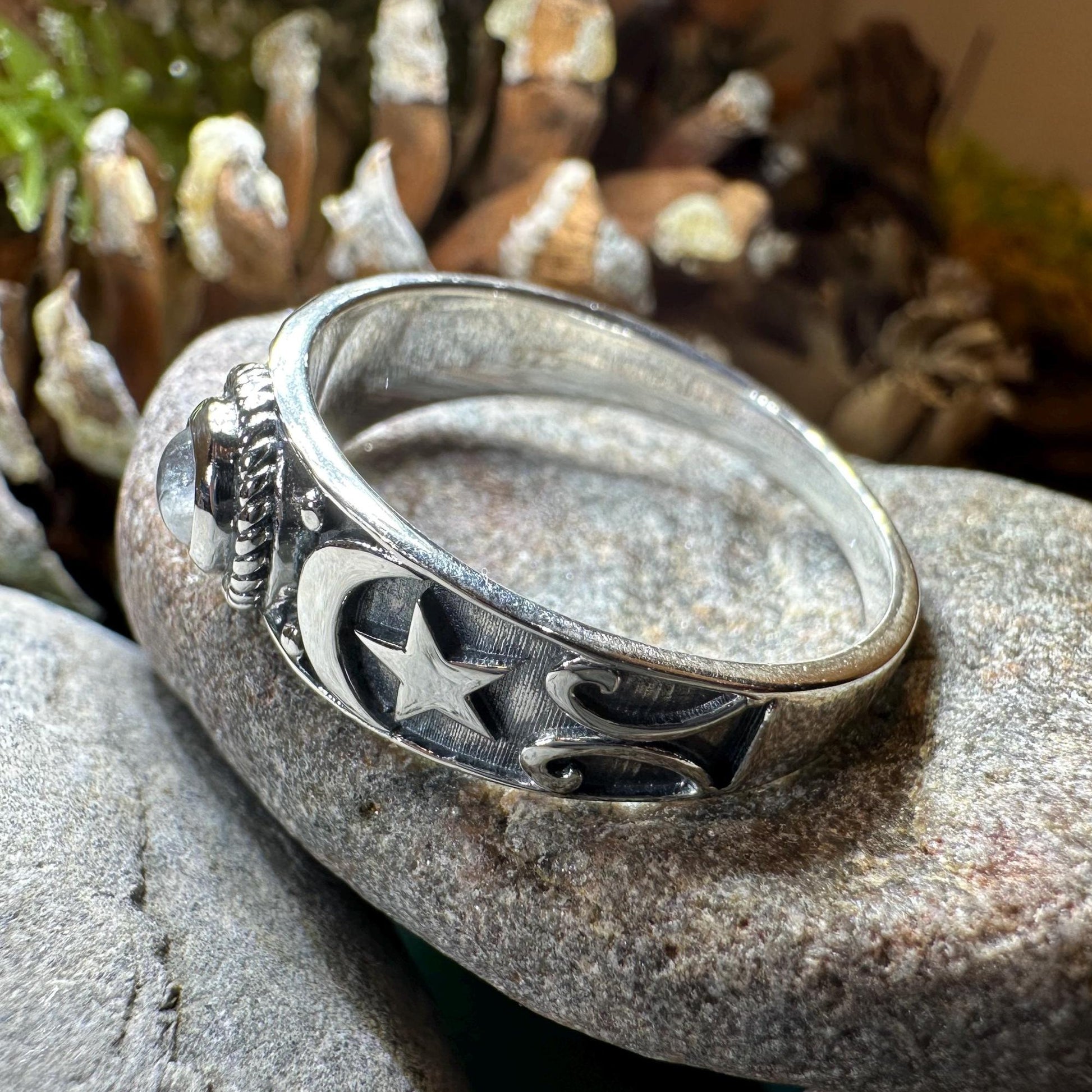 Crescent Moon Ring, Celestial Ring, Moonstone Ring, Pagan Ring, Star Ring, Celtic Ring, Statement Ring, Wiccan Jewelry, Silver Witch Ring