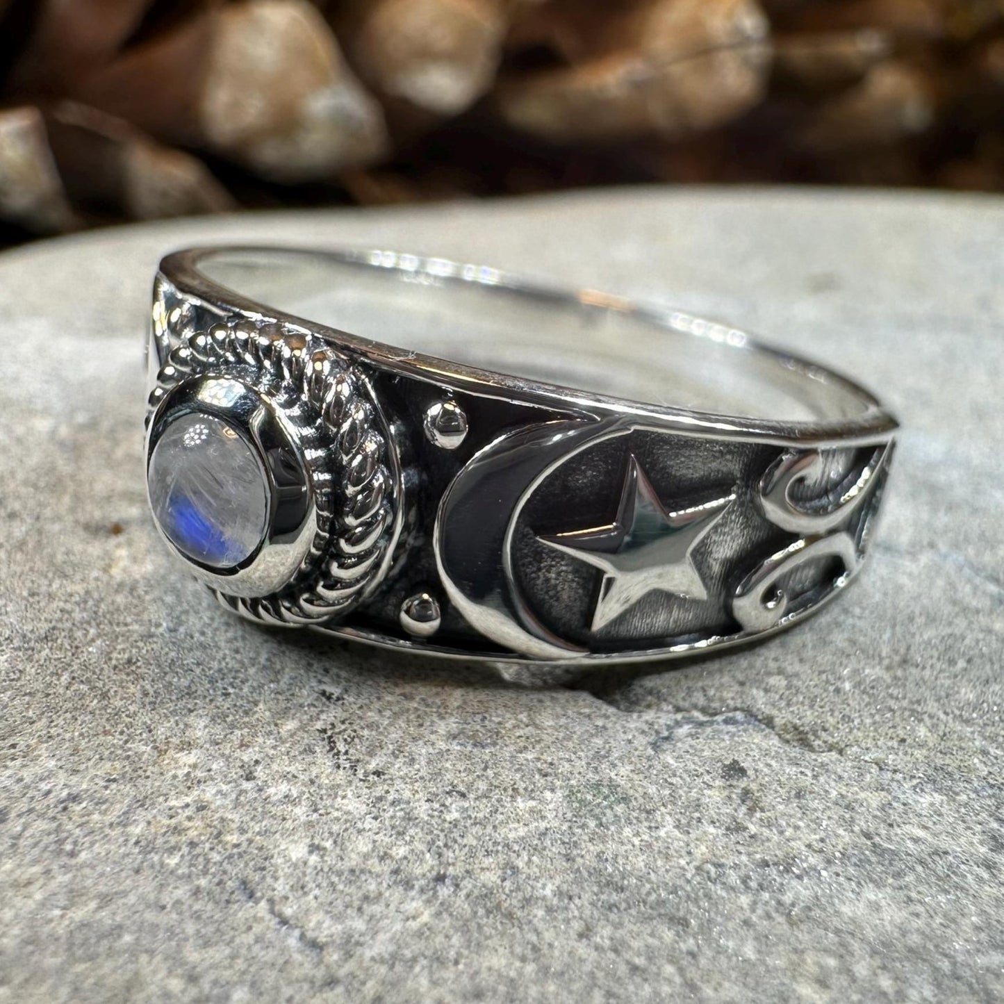 Crescent Moon Ring, Celestial Ring, Moonstone Ring, Pagan Ring, Star Ring, Celtic Ring, Statement Ring, Wiccan Jewelry, Silver Witch Ring