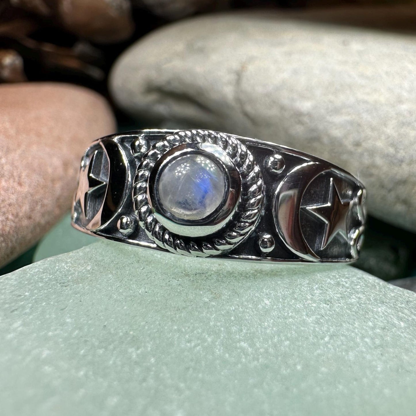 Crescent Moon Ring, Celestial Ring, Moonstone Ring, Pagan Ring, Star Ring, Celtic Ring, Statement Ring, Wiccan Jewelry, Silver Witch Ring