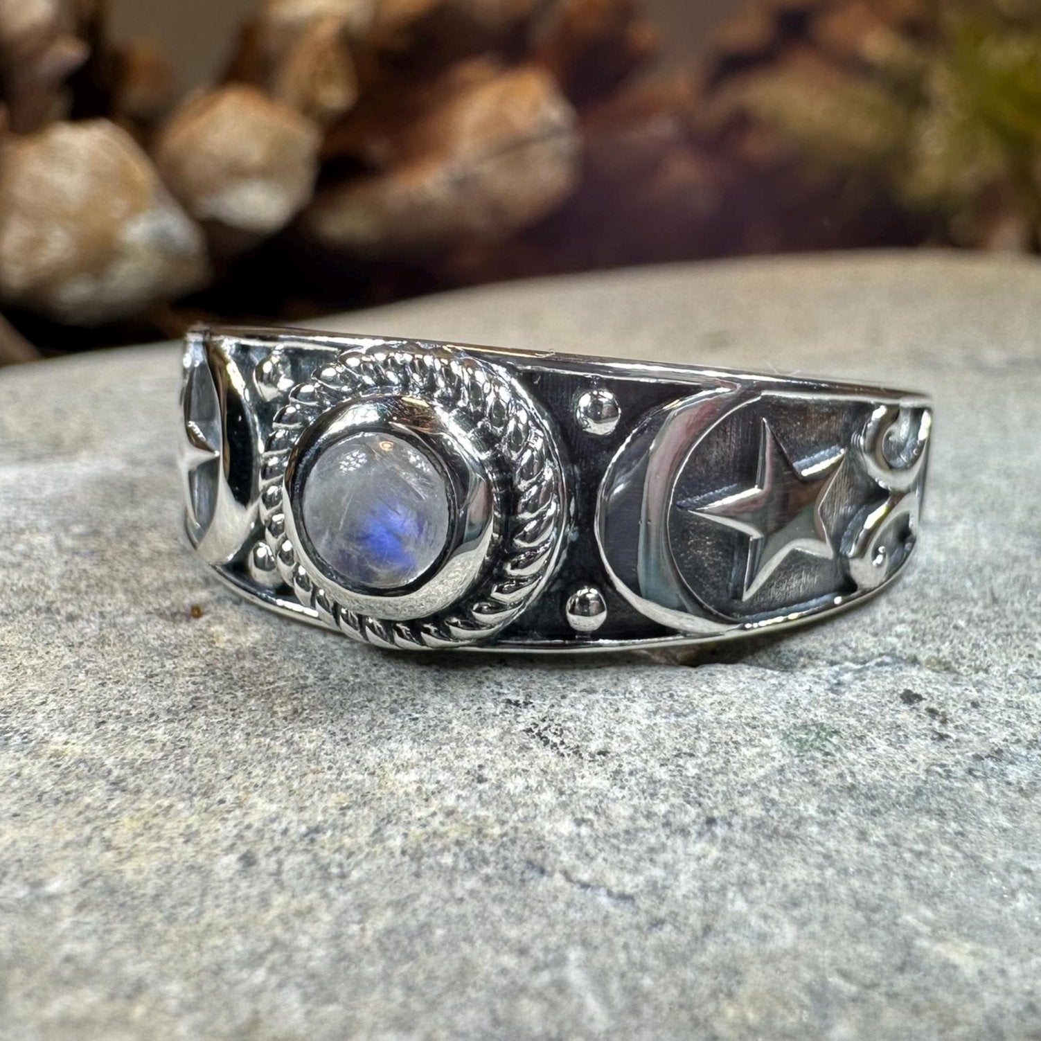 Crescent Moon Ring, Celestial Ring, Moonstone Ring, Pagan Ring, Star Ring, Celtic Ring, Statement Ring, Wiccan Jewelry, Silver Witch Ring