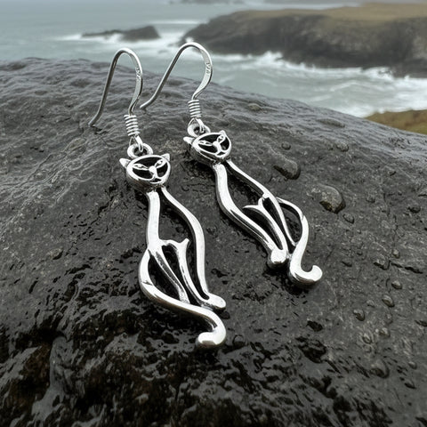 Load image into Gallery viewer, Celtic Cat Earrings, Cat Lover Gift, Celtic Jewelry, Irish Jewelry, Cat Lady Gift, Cat Mom Gift, Animal Jewelry, Mom Gift, Long Drop Earring

