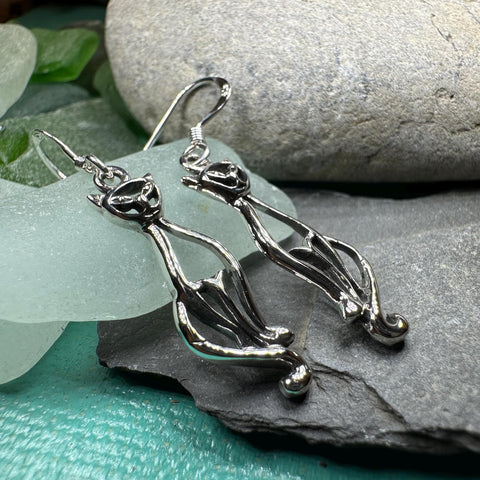Load image into Gallery viewer, Celtic Cat Earrings, Cat Lover Gift, Celtic Jewelry, Irish Jewelry, Cat Lady Gift, Cat Mom Gift, Animal Jewelry, Mom Gift, Long Drop Earring
