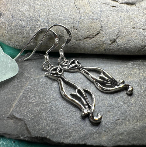 Load image into Gallery viewer, Celtic Cat Earrings, Cat Lover Gift, Celtic Jewelry, Irish Jewelry, Cat Lady Gift, Cat Mom Gift, Animal Jewelry, Mom Gift, Long Drop Earring
