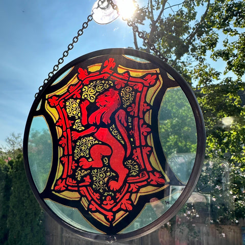 Load image into Gallery viewer, Scottish Lion Wall Decor, Celtic Thistle Gift, Scotland Stained Glass, New Home Gift, Wedding Gift, Anniversary Gift, St. Giles Suncatcher
