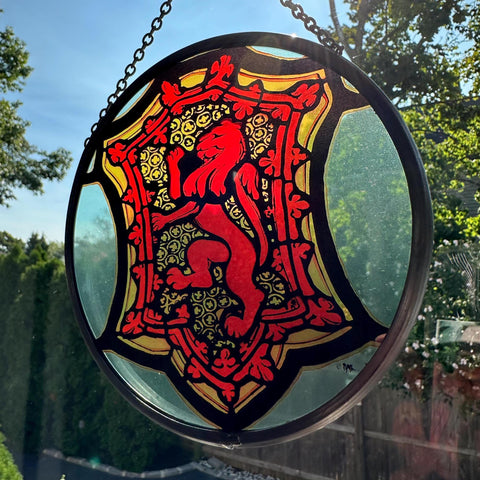 Load image into Gallery viewer, Scottish Lion Wall Decor, Celtic Thistle Gift, Scotland Stained Glass, New Home Gift, Wedding Gift, Anniversary Gift, St. Giles Suncatcher
