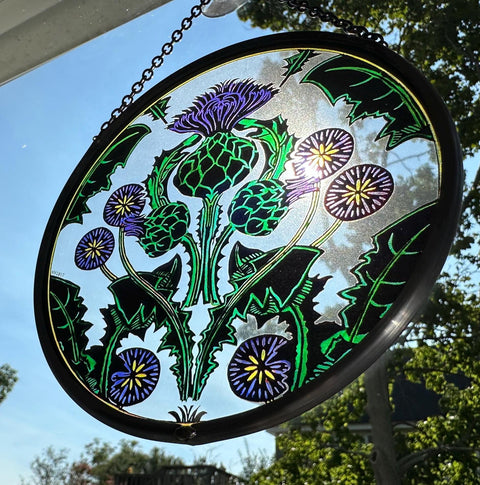 Load image into Gallery viewer, Scottish Thistle Decor, Celtic Thistle Gift, Scotland Stained Glass, New Home Gift, Celtic Wedding Gift, Anniversary Gift, Sterling Castle
