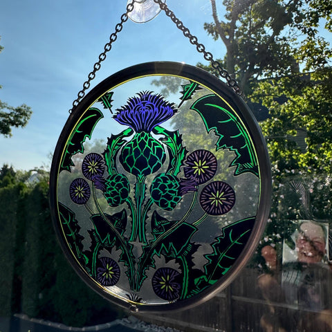Load image into Gallery viewer, Scottish Thistle Decor, Celtic Thistle Gift, Scotland Stained Glass, New Home Gift, Celtic Wedding Gift, Anniversary Gift, Sterling Castle
