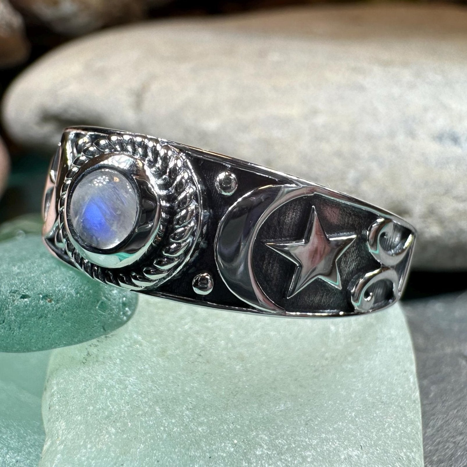 Crescent Moon Ring, Celestial Ring, Moonstone Ring, Pagan Ring, Star Ring, Celtic Ring, Statement Ring, Wiccan Jewelry, Silver Witch Ring