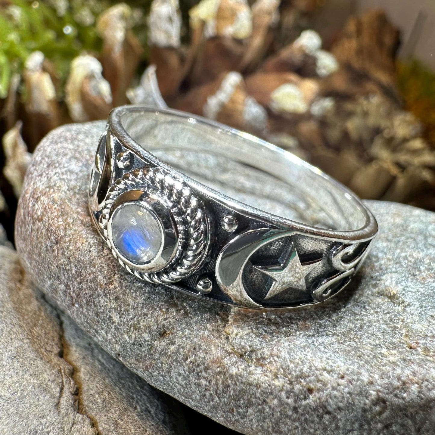 Crescent Moon Ring, Celestial Ring, Moonstone Ring, Pagan Ring, Star Ring, Celtic Ring, Statement Ring, Wiccan Jewelry, Silver Witch Ring