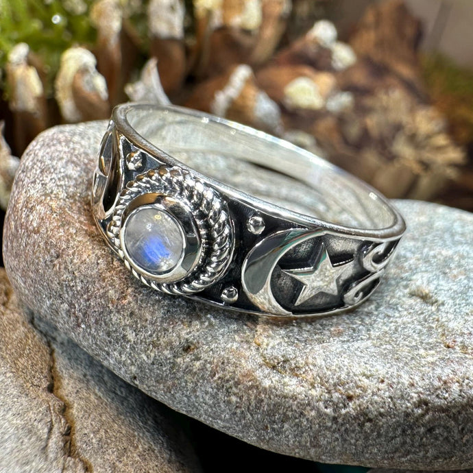 Crescent Moon Ring, Celestial Ring, Moonstone Ring, Pagan Ring, Star Ring, Celtic Ring, Statement Ring, Wiccan Jewelry, Silver Witch Ring