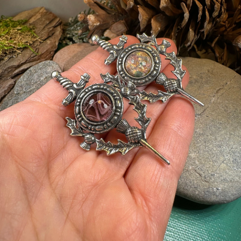 Load image into Gallery viewer, Scottish Thistle Sword Kilt Pin - Handmade in Scotland
