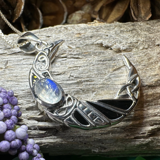 Aulay Celtic Raven Moon Necklace in Sterling Silver — view 6