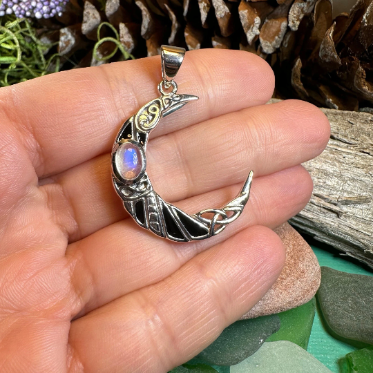 Aulay Celtic Raven Moon Necklace in Sterling Silver — view 7