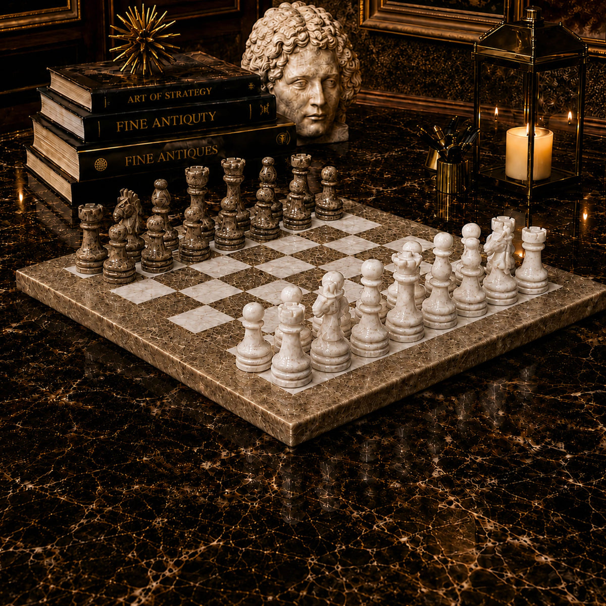 Traditional Grey Oceanic and White Marble Chess Set - 15 Inch Handcrafted Natural Stone