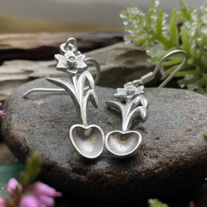 Welsh Daffodil Love Spoon Earrings in sterling silver