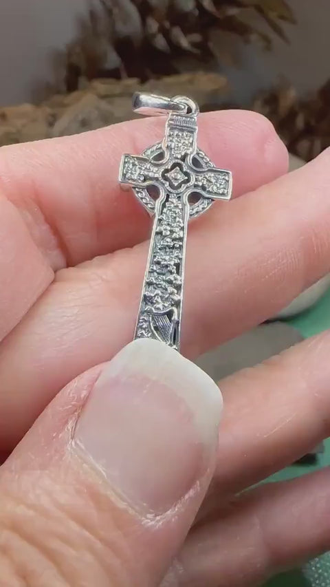 Load and play video in Gallery viewer, Celtic Cross Necklace, Irish Jewelry, Harp Pendant, Ireland Cross Pendant, Shamrock Jewelry, First Communion Gift, Girls Confirmation Gift
