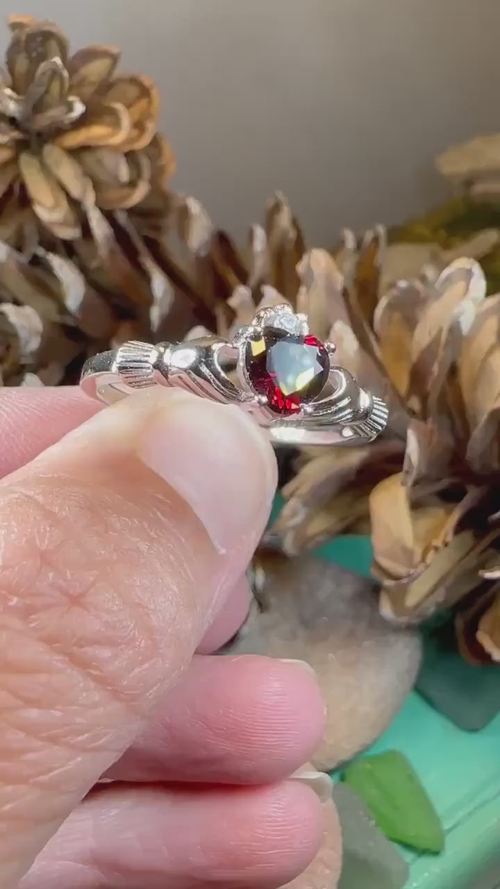 Claddagh Ring, Celtic Jewelry, Ireland Jewelry, Garnet Bridal Ring, Ireland Ring, Heart Ring, Anniversary Gift, Girlfriend Gift, Wife Gift