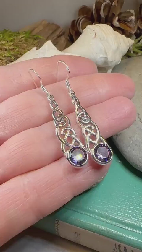 Load and play video in Gallery viewer, Celtic Earrings, Irish Jewelry, Scotland Jewelry, Boho Mom Gift, Anniversary Gift, Ireland Amethyst Earrings, Wife Gift, Graduation Gift
