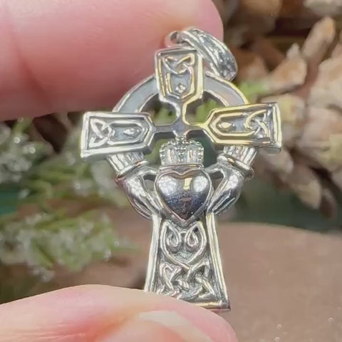 Load and play video in Gallery viewer, Galway Irish Claddagh Cross Necklace in Sterling Silver
