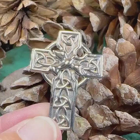 Celtic Cross Brooch, Silver Cross Pin, Scottish Jewelry, Dove of Peace, Mom Gift, Anniversary Gift, Religious Jewelry, Trinity Knot Brooch
