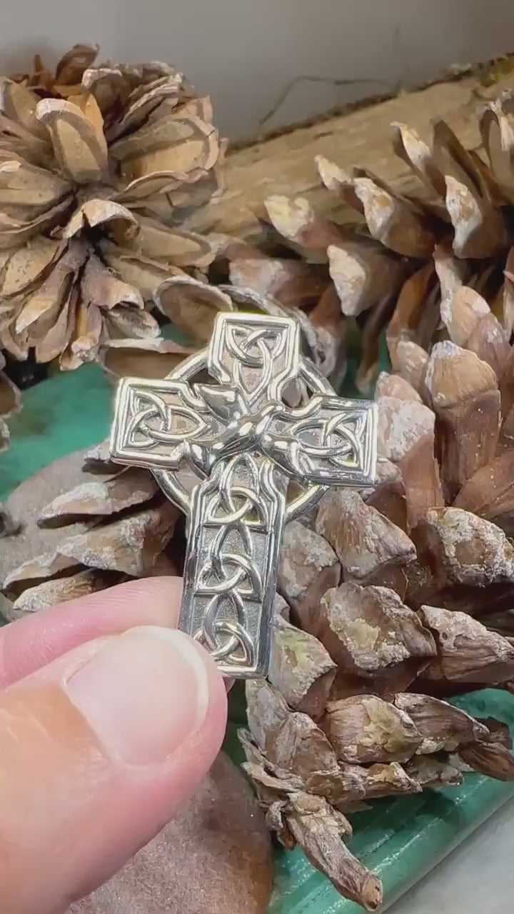 Celtic Cross Brooch, Silver Cross Pin, Scottish Jewelry, Dove of Peace, Mom Gift, Anniversary Gift, Religious Jewelry, Trinity Knot Brooch