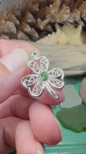 Load and play video in Gallery viewer, Shamrock Necklace, Clover Pendant, Irish Necklace, Irish Gift, Anniversary Gift, Emerald Ireland Jewelry, Friendship Gift, Celtic Necklace
