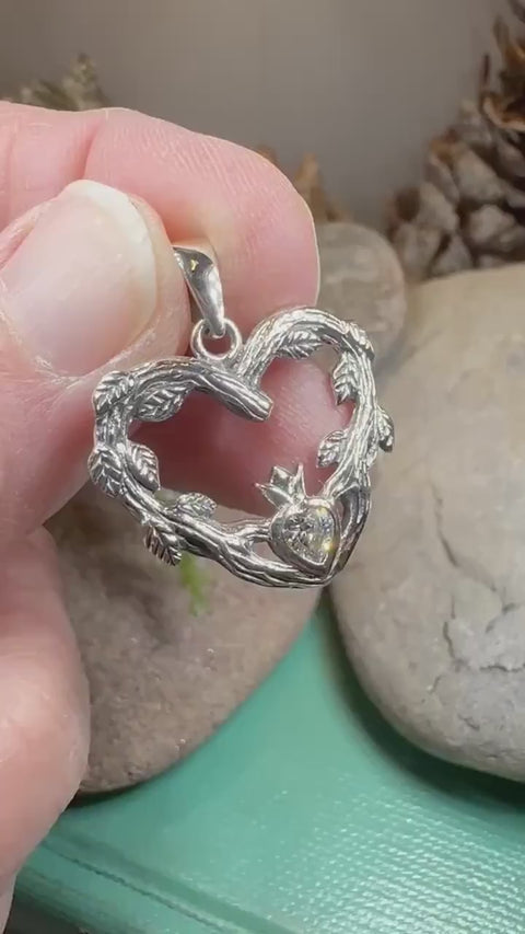 Load and play video in Gallery viewer, Claddagh Necklace, Celtic Pendant, Irish Jewelry, Bridal Jewelry, Anniversary Gift, Engagement Gift, Girlfriend Gift, Diamond Claddagh Gift
