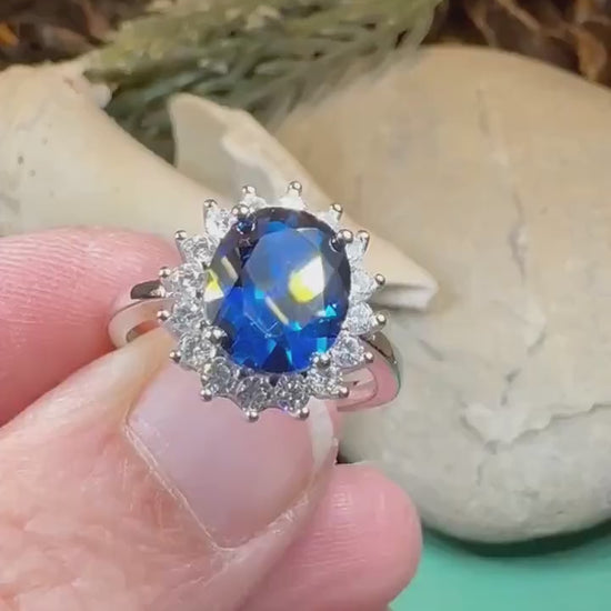 Princess Diana Sapphire Engagement Ring, Large Blue Ring, Cocktail Ring, Celtic Statement Ring, Anniversary Gift, Ladies Promise Ring