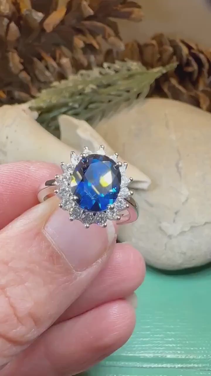 Princess Diana Sapphire Engagement Ring, Large Blue Ring, Cocktail Ring, Celtic Statement Ring, Anniversary Gift, Ladies Promise Ring