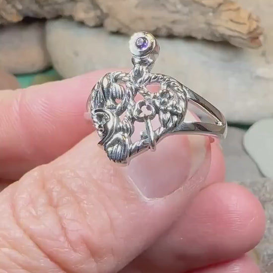 Cimaruta Ring, Italian Ring, Wiccan Jewelry, Celtic Jewelry, Pagan Ring, Witch Gift, Protection Charm, Pagan Ring, Amethyst Wiccan Ring