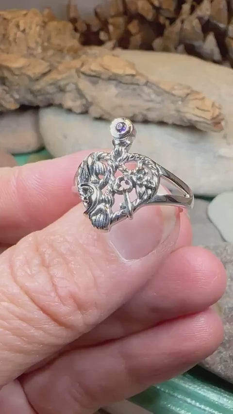 Load and play video in Gallery viewer, Cimaruta Ring, Italian Ring, Wiccan Jewelry, Celtic Jewelry, Pagan Ring, Witch Gift, Protection Charm, Pagan Ring, Amethyst Wiccan Ring
