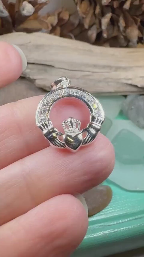 Load and play video in Gallery viewer, Claddagh Necklace, Celtic Pendant, Irish Jewelry, Bridal Jewelry, Anniversary Gift, Engagement Gift, Girlfriend Gift, Diamond Claddagh Gift

