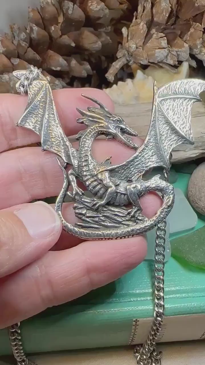 Dragon Breathing Fire Celtic Pewter Pendant Costume Charm Necklace