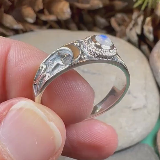 Crescent Moon Ring, Celestial Ring, Moonstone Ring, Pagan Ring, Star Ring, Celtic Ring, Statement Ring, Wiccan Jewelry, Silver Witch Ring
