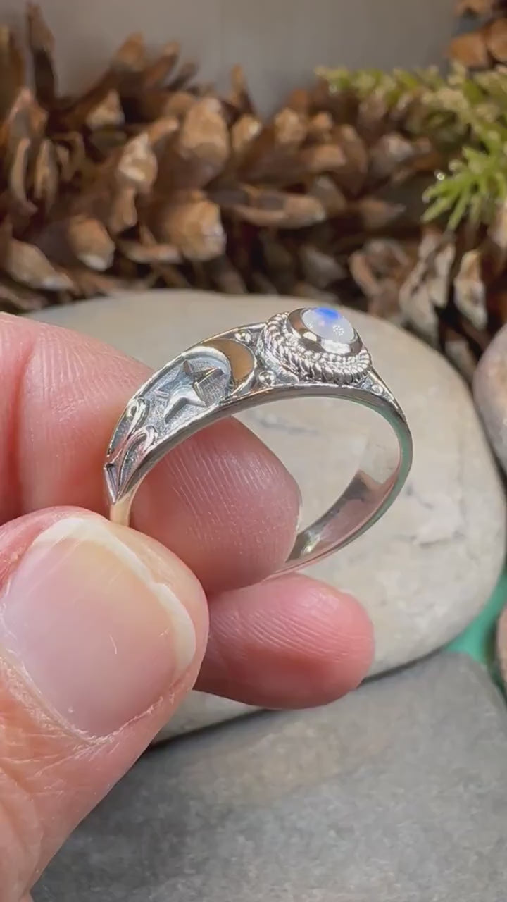 Crescent Moon Ring, Celestial Ring, Moonstone Ring, Pagan Ring, Star Ring, Celtic Ring, Statement Ring, Wiccan Jewelry, Silver Witch Ring