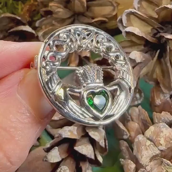 Claddagh Brooch, Irish Pin, Emerald Ireland Brooch, Silver Bride Pin, Claddagh Pin, Celtic Jewelry, Claddagh Pin, Celtic Pin, Gift for Her