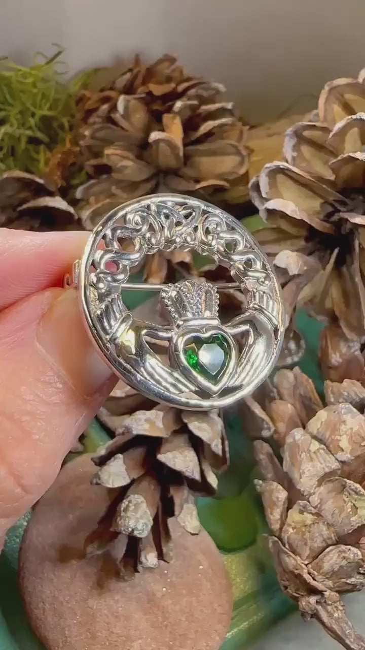 Claddagh Brooch, Irish Pin, Emerald Ireland Brooch, Silver Bride Pin, Claddagh Pin, Celtic Jewelry, Claddagh Pin, Celtic Pin, Gift for Her