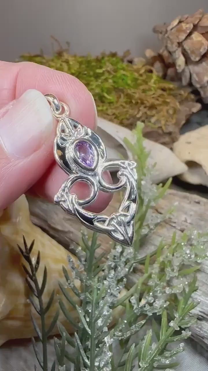 Celtic Knot Necklace, Celtic Pendant, Irish Jewelry, Norse Jewelry, Trinity Knot Jewelry, Garnet Wiccan Jewelry, Sterling Silver, Wife Gift
