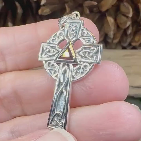 Celtic Cross Necklace, Scottish Pendant, Ireland Cross, Irish Jewelry, Large Celtic Cross, Religious Jewelry, Silver Cross Pendant, Garnet