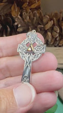 Load and play video in Gallery viewer, Celtic Cross Necklace, Scottish Pendant, Ireland Cross, Irish Jewelry, Large Celtic Cross, Religious Jewelry, Silver Cross Pendant, Garnet
