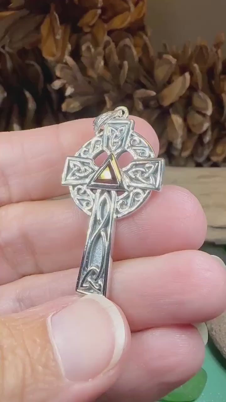 Celtic Cross Necklace, Scottish Pendant, Ireland Cross, Irish Jewelry, Large Celtic Cross, Religious Jewelry, Silver Cross Pendant, Garnet