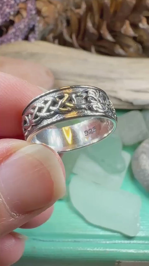 Load and play video in Gallery viewer, Celtic Lion Ring, Celtic Ring, Promise Ring, Silver Boho Ring, Irish Ring, Irish Dance Gift, Anniversary Gift, Ireland Ring, Wiccan Ring
