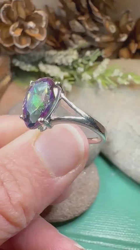 Load and play video in Gallery viewer, Mystic Topaz Engagement Ring, Celtic Ring, Statement Ring, Topaz Ring, Solitaire Ring, Anniversary Gift, Cocktail Ring, Wife Promise Ring
