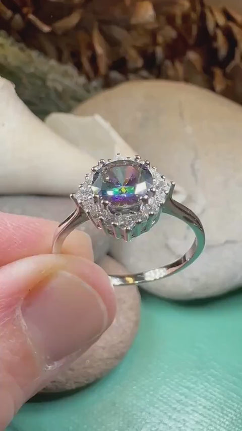Load and play video in Gallery viewer, Mystic Topaz Engagement Ring, Scotland Ring, Statement Ring, Rainbow Topaz Boho Ring, Celtic Jewelry, Anniversary Gift, Girls Promise Ring
