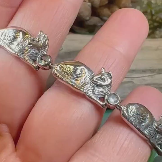 Cat Bracelet, Celtic Jewelry, Sitting Cat Bracelet, Nature Jewelry, Animal Bracelet, Blue Topaz Gift, Silver Wife Gift, Silver Link Bracelet