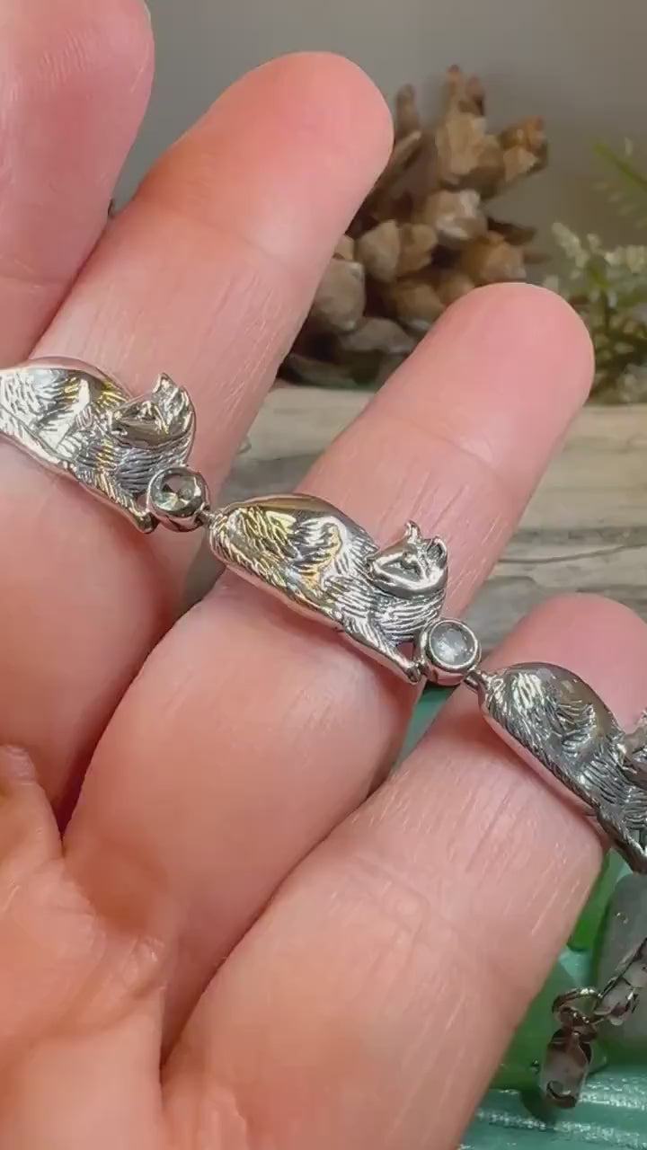 Cat Bracelet, Celtic Jewelry, Sitting Cat Bracelet, Nature Jewelry, Animal Bracelet, Blue Topaz Gift, Silver Wife Gift, Silver Link Bracelet