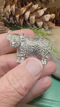 Load and play video in Gallery viewer, Highland Cow Brooch, Highland Coo, Scottish Pin, Anniversary Gift, Scotland Pin, Cow Lover Gift Cattle, Rancher, Silver Hairy Coo, Wife Gift
