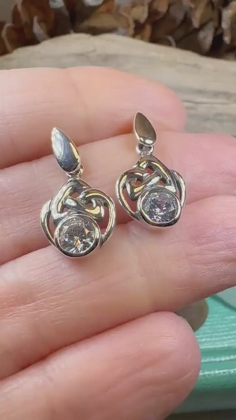 Load and play video in Gallery viewer, Celtic Knot Earrings, Silver Post Earrings, Irish Jewelry, Scottish Drop Earrings, Silver Ireland Gift, Scotland Gift, Diamond Earrings
