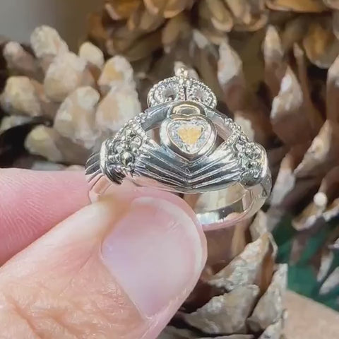 Load and play video in Gallery viewer, Devotion Marcasite Irish Claddagh Ring in Sterling Silver
