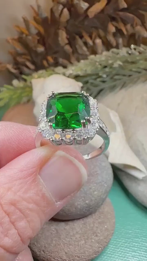 Load and play video in Gallery viewer, Irish Duchess Celtic Ring, Engagement Ring, Large Emerald Ring, Cocktail Ring, Celtic Statement Ring, Anniversary Gift, Ladies Promise Ring
